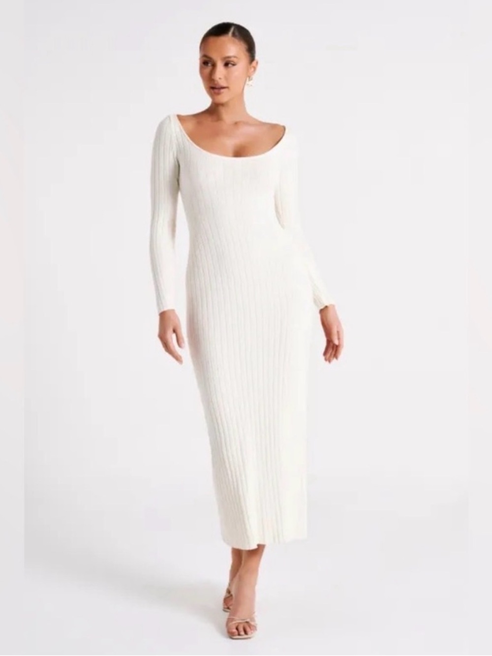MESHKI Cream Ribbed Knit Midi Dress Side Slit Long Sleeve Bodycon XS NWT - Picture 3 of 6